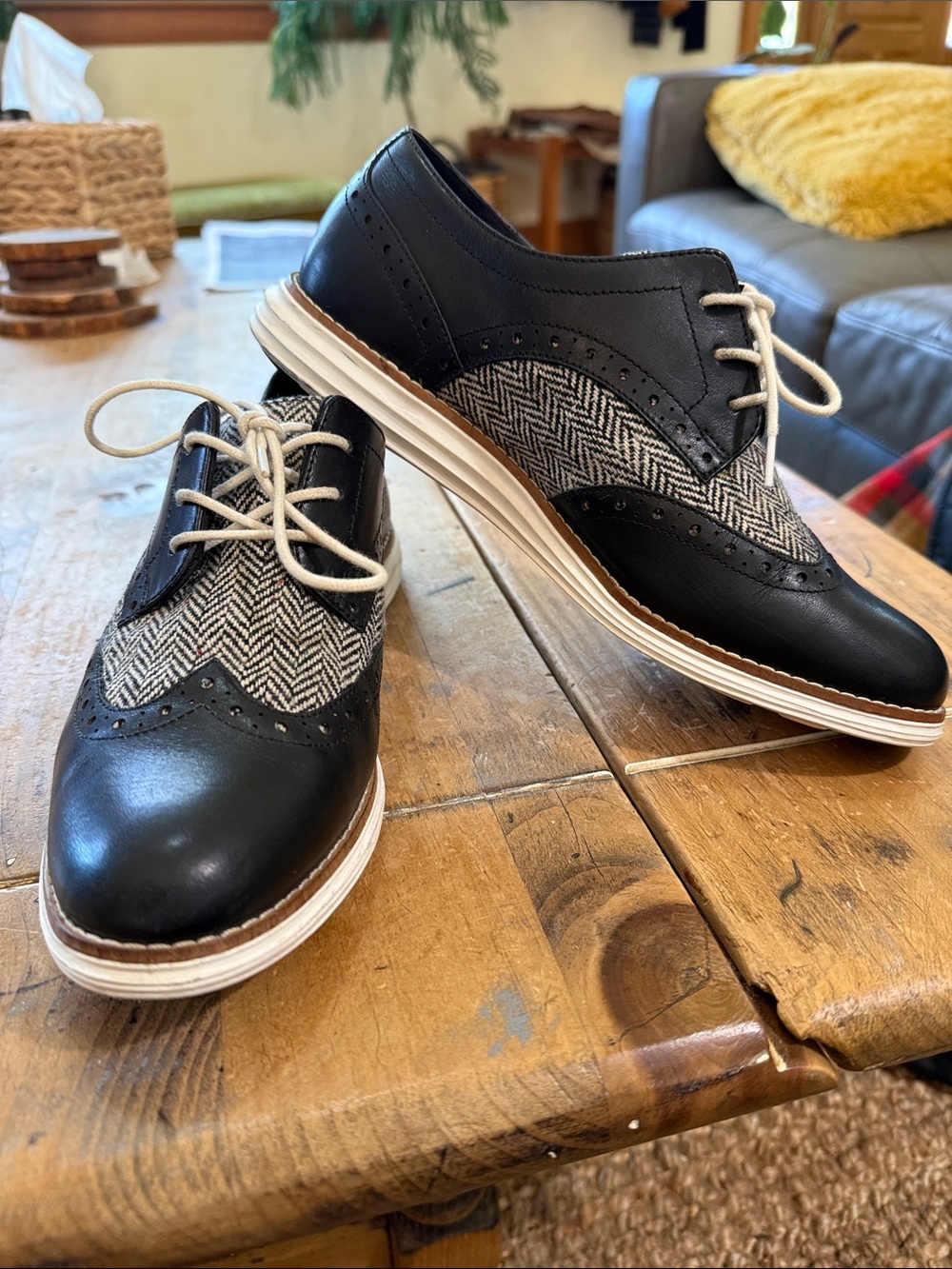 Cole Haan OriginalGrand Wingtip Oxfords Herringbone Tweed Black Leather 8.5